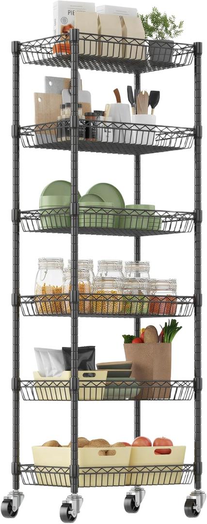 Homdox 6-Tier Rolling Wire Basket Shelf, Adjustable Metal Storage Rack with Wheels for Pantry, Kitchen, Bathroom, Laundry Room and Closet, 17" W x 12" D x 65" H, Black