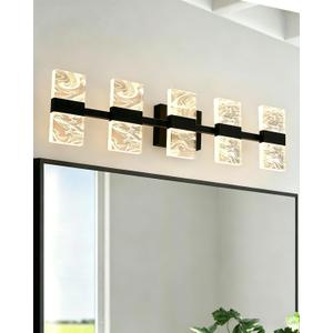 Black LED 3000K Bathroom Light Fixture, Modern 5-Lights Vanity Lighting with Smoke Acrylic Shades, Wall Lamp Over Mirror for Kitchen Bedroom Dress Table (Integrated Led Chips Included)