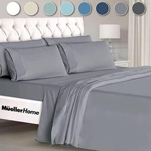 Mueller Ultratemp King Size Sheets Set, Super Soft 1800, 6 Piece, Deep Pocket up to 16" Cooling Sheets King Size, Transfers Heat, Breathes Better, Hypoallergenic, Wrinkle, Light Grey