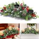 30 Inch Christmas Table Centerpiece with 3 Candle Holders, Christmas Centerpieces for Dining Table, Red Berry Pinecone Snowy Pine Cypress Metal Base Xmas Winter Tabletop Decor, Fire Retardant&Foldable