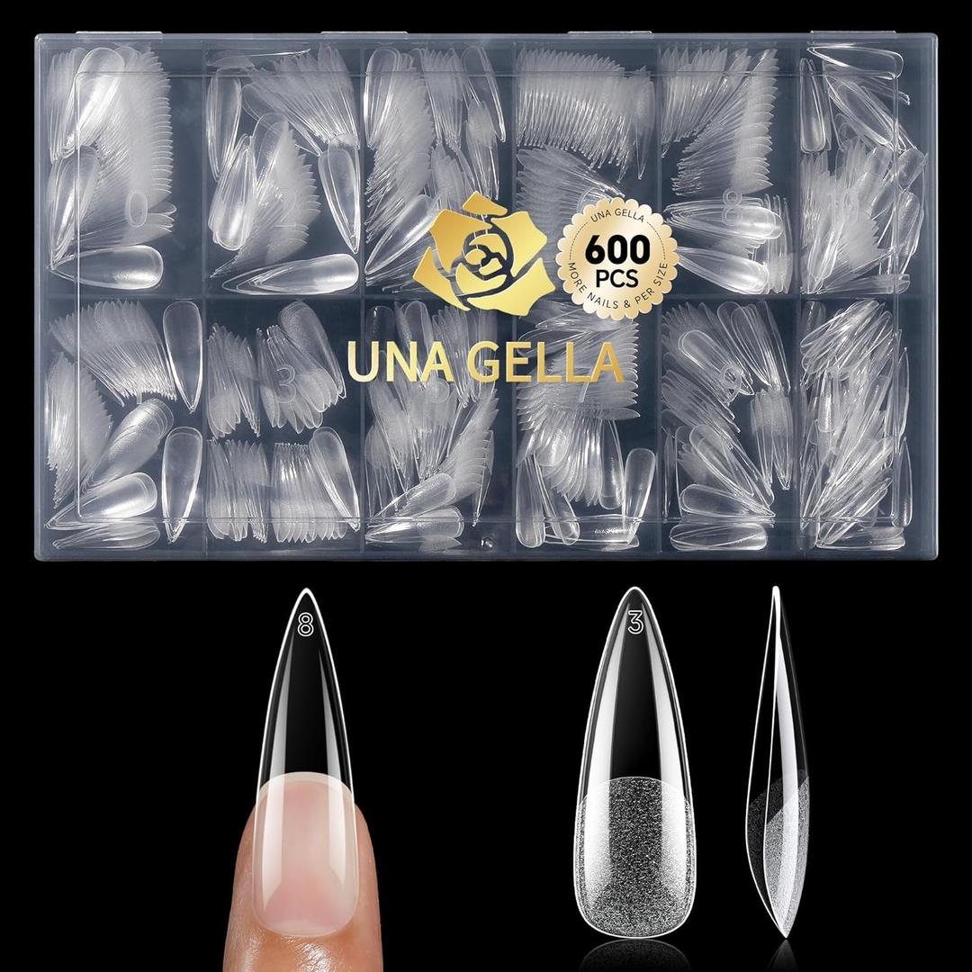 UNA GELLA Long Stiletto Gel Nail Tips 600Pcs Pre Etched Long Stiletto Almond Nail Tips Clear Fake Nails Press on Nails No C Curve for DIY Art Salon at Home 12 Sizes