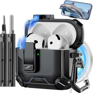Pohgelan Compatible with AirPods 4 Case,Magnetic Automatic Lock with Phone Stand & Cleaning Kit,Compatible with Magsafe Cover -Black