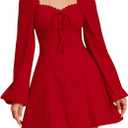 EYNMIN Long Sleeve Mini Dress Lace Sweetheart Neckline Tie A Line Cute Casual Short Party Dresses for Women (S)