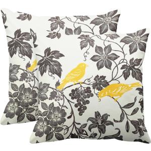 Emvency Set of 2 Floral Throw Pillow Cover Square Size 20x20 Inches Yellow Gray Vintage Bird Ivory Trendy Lumbar Decorative Pillowcase with Hidden Zipper Decor Cushion Gift for Holiday Sofa Bed