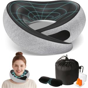 Travel Neck Pillows for Airplanes - 360 Ergonomic Memory Foam Travel Pillow - Relief Neck Pain with Breathable Support for Long Flights, Car, Train & Office Use - Adults & Kids (Light Gray)