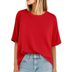 YUCOLEN Women's T Shirts Oversized Full Cotton Summer Tops Short Sleeve Crewneck Casual Loose Fit Basic Tee Shirts (Red)