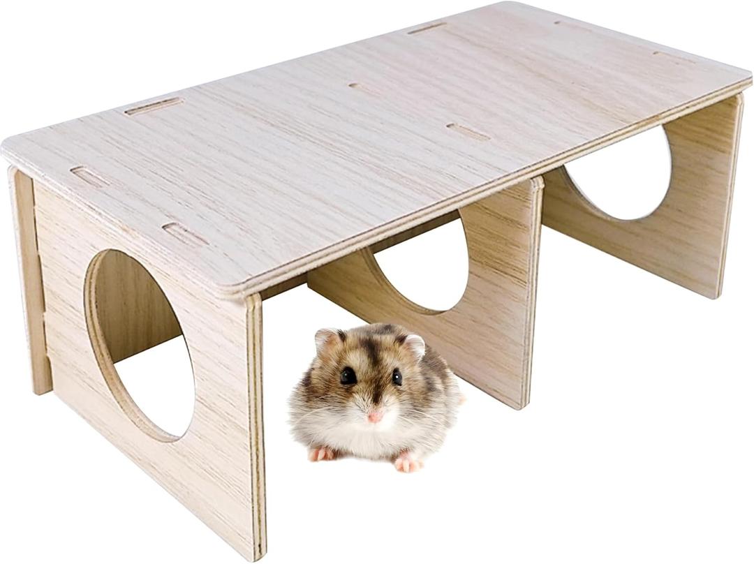Hamiledyi Wooden Hamsters 2-Chamber Hideout-Tunnel Multi Chamber Exploring Toy Hamster Hiding Maze Tunnel Toy Platform Stuff Cage Accessories for Gerbil Rat Mice