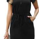 CiCiBird Women Summer Button V Neck Dress Casual Short Sleeve Mini Dresses Work Drawstring Waist Dress with Pockets M 