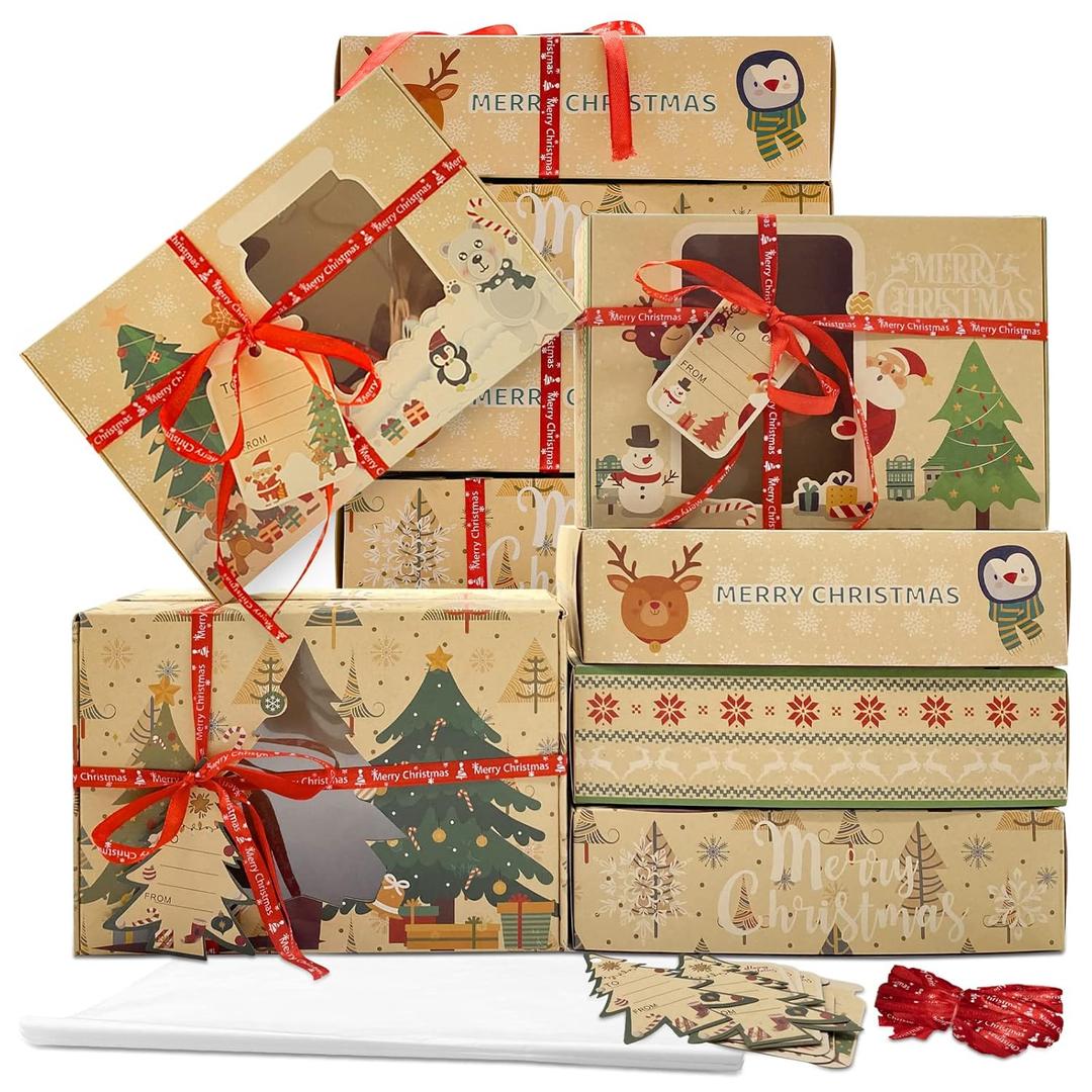 12 Packs Brown Christmas Cookie Boxes with Window for Gift Giving, Cute Cartoon Christmas tree/snow man/penguin Pattern Holiday Bakery Treat Boxes, Baking Box Xmas Kraft Boxes with Ribbons and DIY Gift Tags, Pastry, Candy, Party Favors (Large)