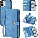 TwoHead Wallet Case Compatible with iPhone 16,Detachable Magnetic Phone Case,PU Leather All-Round Protective Cover Wallet with Card Holder/Change Pocket,6.1 in,Sky Blue