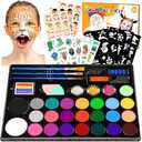 Face Painting Kit for Kids, 24 Colors Water Based Non-Toxic Face Paint with Stencils & Brushes, Professional Body Makeup Set with Guide Book, Washable Face & Body Paint for Halloween Birthday Parties