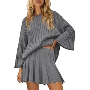 Yanekop Womens 2 Piece Sweater Skirt Set Loose Matching Lounge Sets Comfy Pajamas Set Long Sleeve Top and Skirt Sets (Medium, Grey)