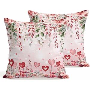 Valentine's Day Pillow Covers 18x18 Inch Set of 2 Love Throw Pillow Cover Decorative Pillowcase Pink Rose Eucalyptus Leaves Pillow Cases for Couch Sofa Bedroom Chair Party Square Cushion Covers