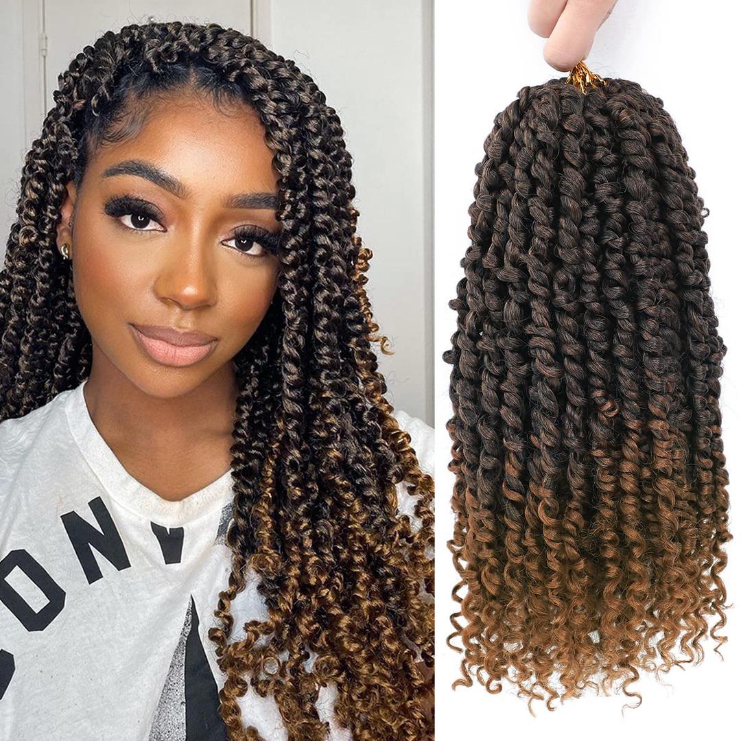 Nice One Pre-Twisted Passion Twist Hair 14 Inch, 112 Strands Short Passion Twist Crochet Hair for Women 3 Packs Ombre Brown Pre-Looped Passion Twists Braiding Synthetic Hair Extensions (14inch,T30#)