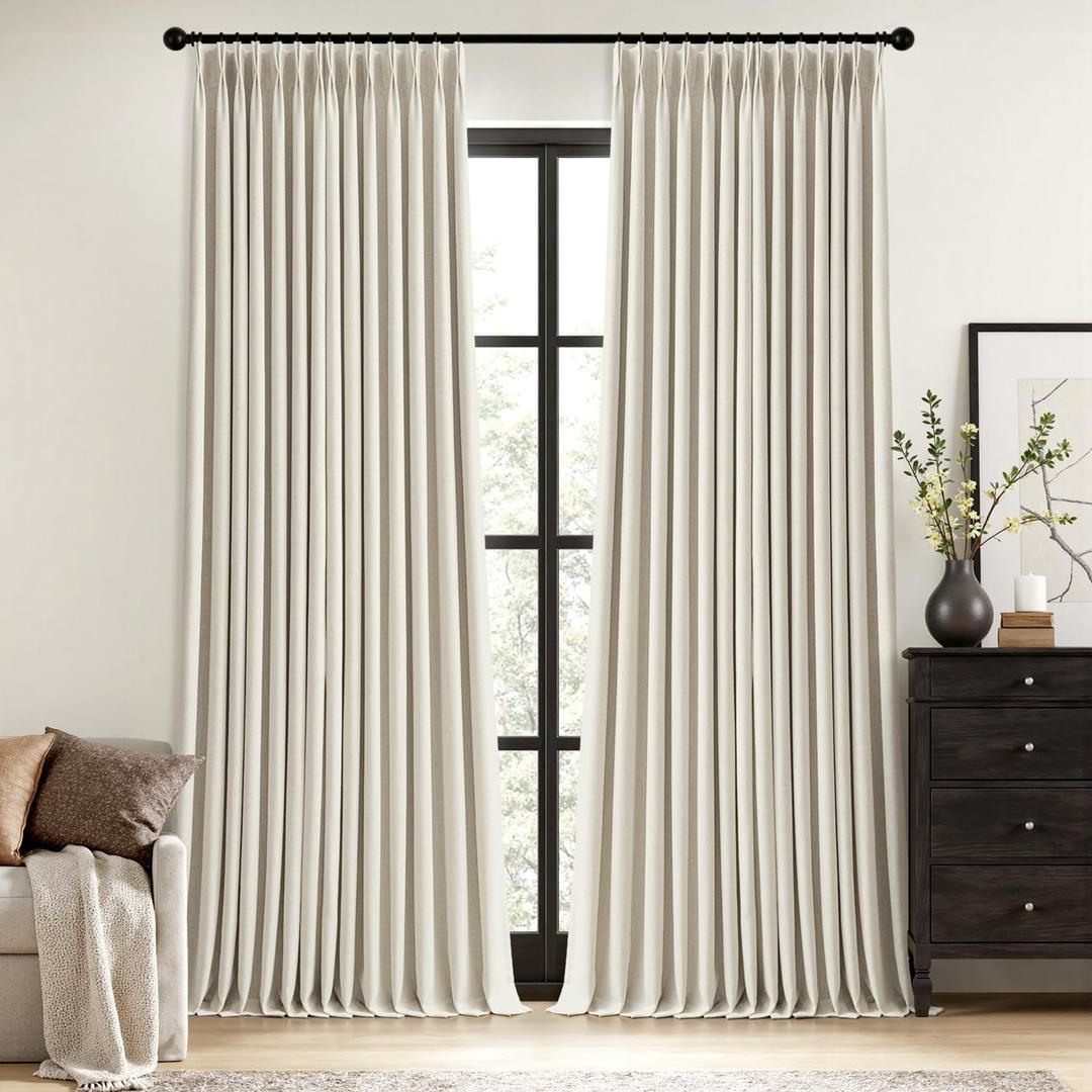 MIULEE Linen Pinch Pleated 100% Blackout Linen Curtains 96 Inch Length 2 Panels Set, Black Out Memory Trained Pleat Curtains Light Blocking Room Darkening Drapes for Bedroom Living Room Window