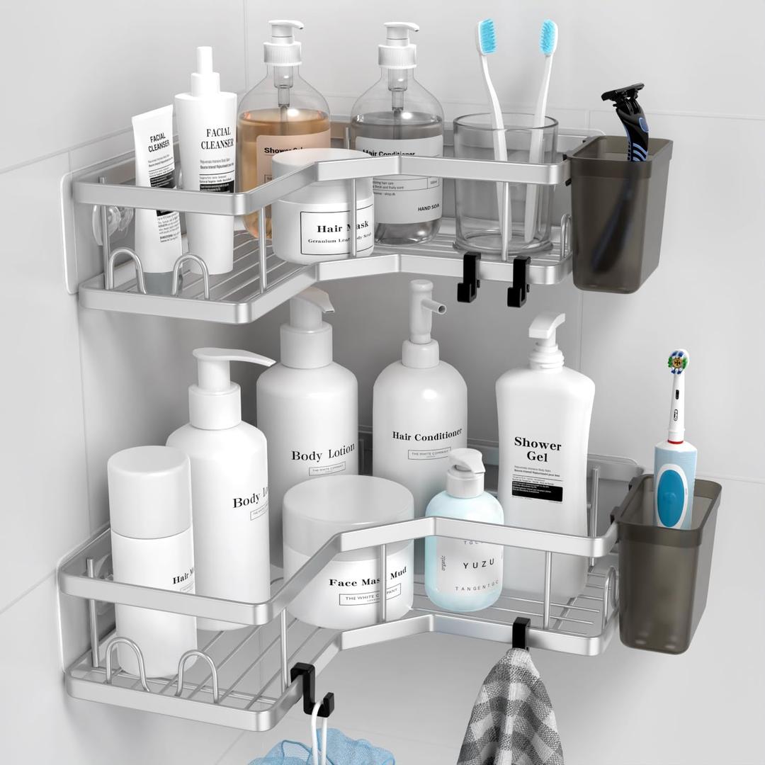 Corner Shower Caddy Shelf Rack: 2 Pack Adhesive Shower Organizer Essentials - No Drilling Stainless Steel Shower Storage Rack with Hooks and Toothpaste Holder - Bathroom Accessories (9.6"9.6"2.6", silver)