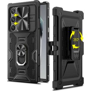 Caka for Samsung Galaxy S24 Ultra Case with Belt Clip Holster Slide Camera Cover Built-in 360 Rotate Ring Holder Stand Heavy Duty Shockproof Protective S24 Ultra Case 2024, Black