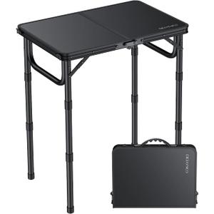 Folding Camping Table, 22" x 15" Picnic Table with 3 Adjustable Height Max 27.5", Matte Black Aluminum Folding Table with Handle for Party, Dining, Garden, Patio, Market