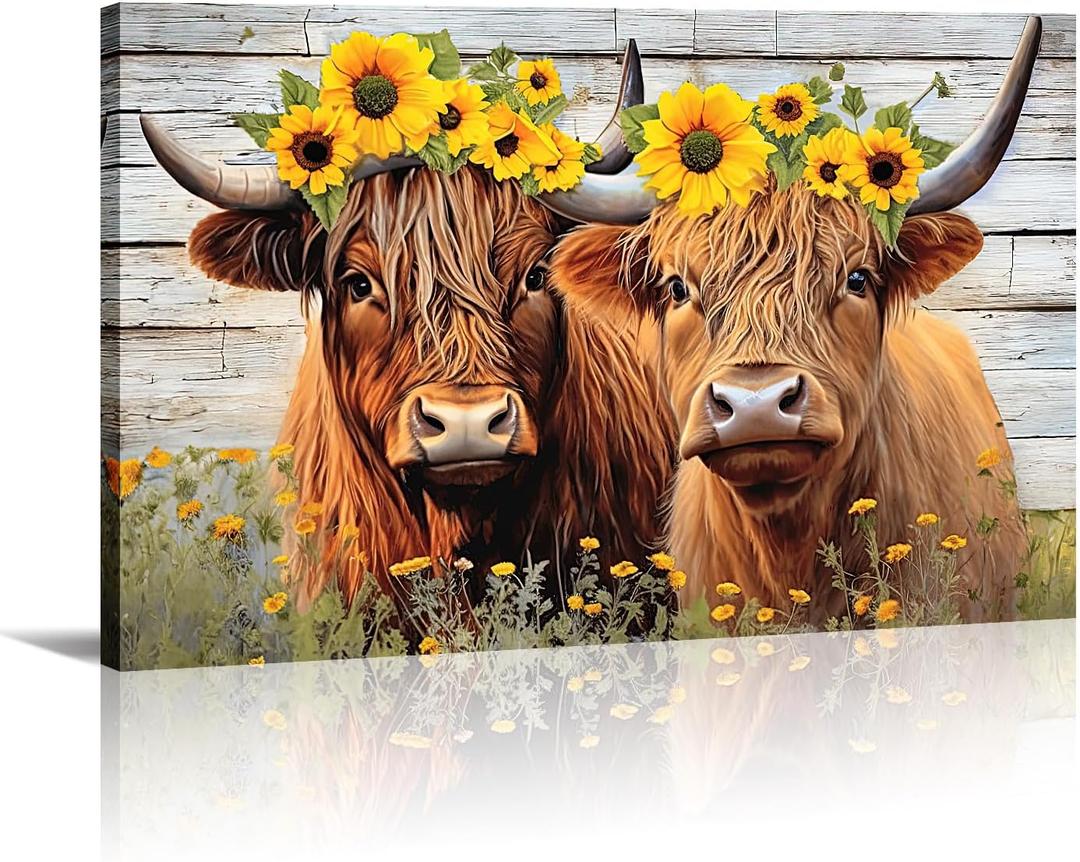 Highland Cow Canvas Wall Art Farmhouse Animal Painting Sunflower on Cow Head Picture Wood Background Poster Artwork for Bathroom Home Office Decor Framed - 16.00"x24.00"