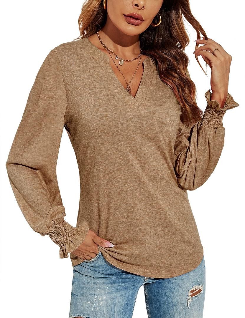 Romanstii Women's Classic-Fit Long Sleeve V-Neck T-Shirt,Brown,S (Brown, S)