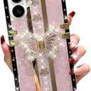 Changjia for iPhone 16 Plus Glitter Butterfly Stand Case,Cute Luxury Bling Sparkly Diamond with Foldable Kickstand Floral TPU Bumper Shockproof Protective Case for Women Girls for iPhone 16 Plus,Pink