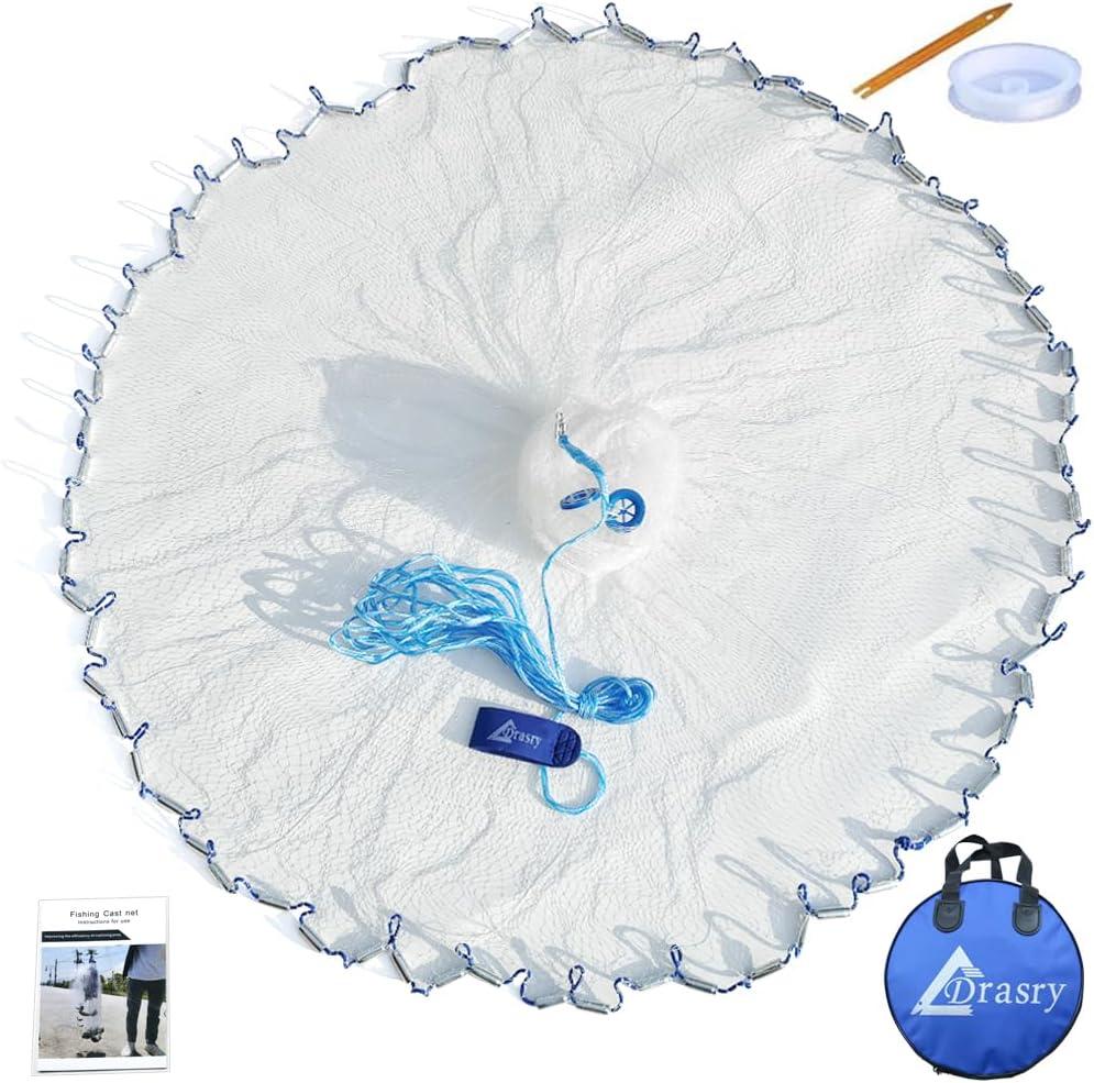 Drasry Saltwater American Fishing Cast Net 3/8inch Mesh Size for Bait Shrimp Trap Fish Heavy Duty Sinkers Throw Net 3FT/4FT/5FT/6FT/7FT/8FT/9FT/10FT Radius (White)