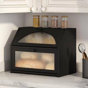 Bread Box, Bamboo Wood Bread Box for Kitchen Counter, Double-layer Bread Storage Bin, Acrylic glass with Diamond Patterns (Black, Large)