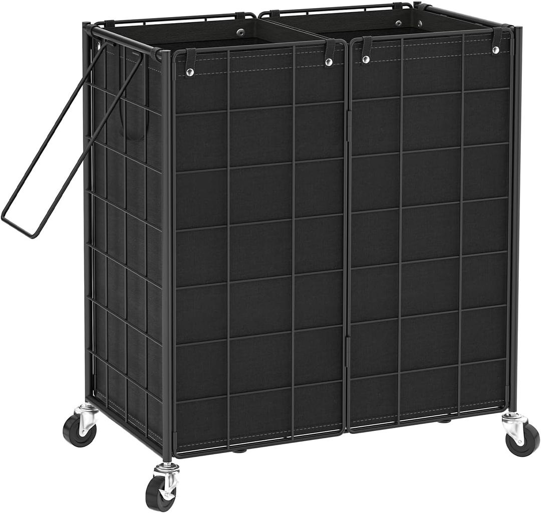WOWLIVE Double Laundry Hamper with Wheels,Metal Wire Frame Rolling Laundry Basket with 2 Removable bags,120L Dirty Clothes Hamper Organizer Dorm Room Storage for Bedroom,Bathroom,Black