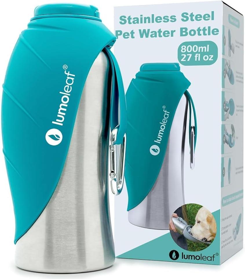 LumoLeaf Portable Dog Water Bottle 27 OZ, Stainless Steel Pet Travel Water Bottle Dispenser for Walking, Hiking and Outdoor, Portable Water Bowl for Large Dogs (Blue)