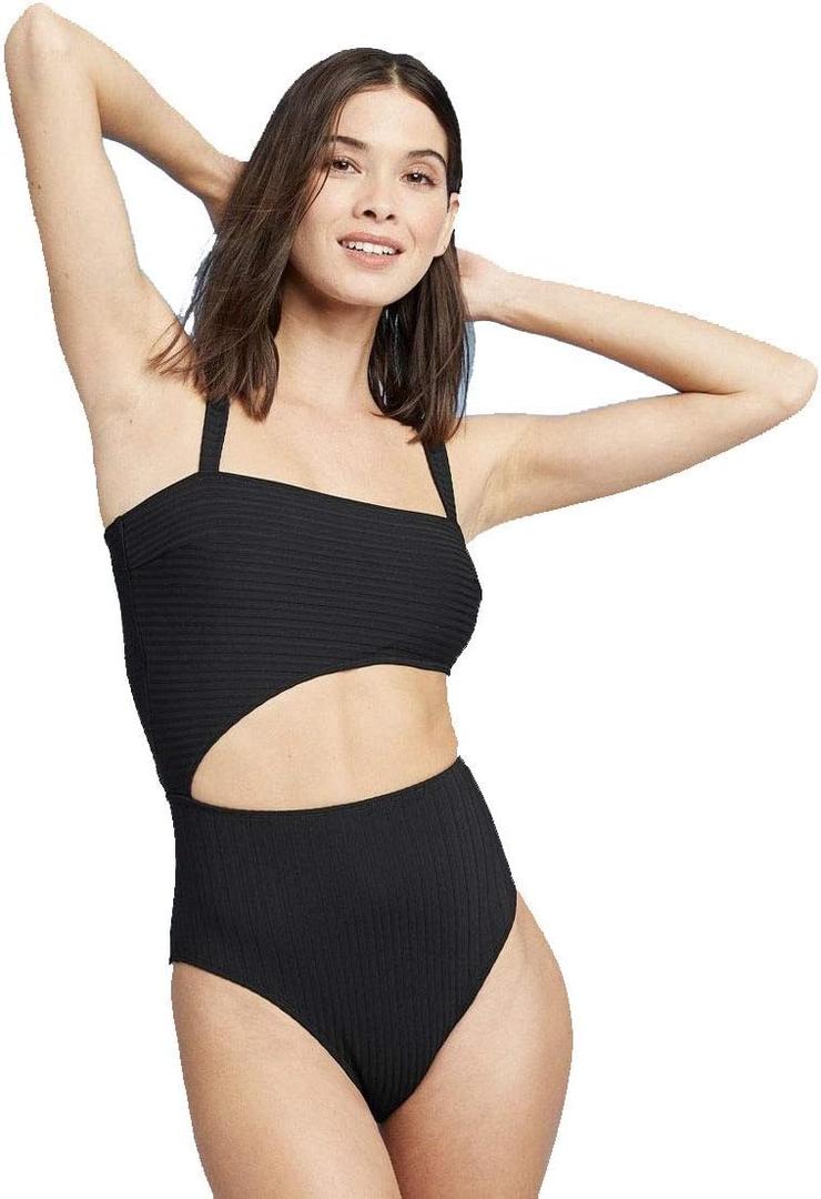 Shade & Shore Women's Ribbed Cut Out One Piece Swimsuit- Black - (Small)