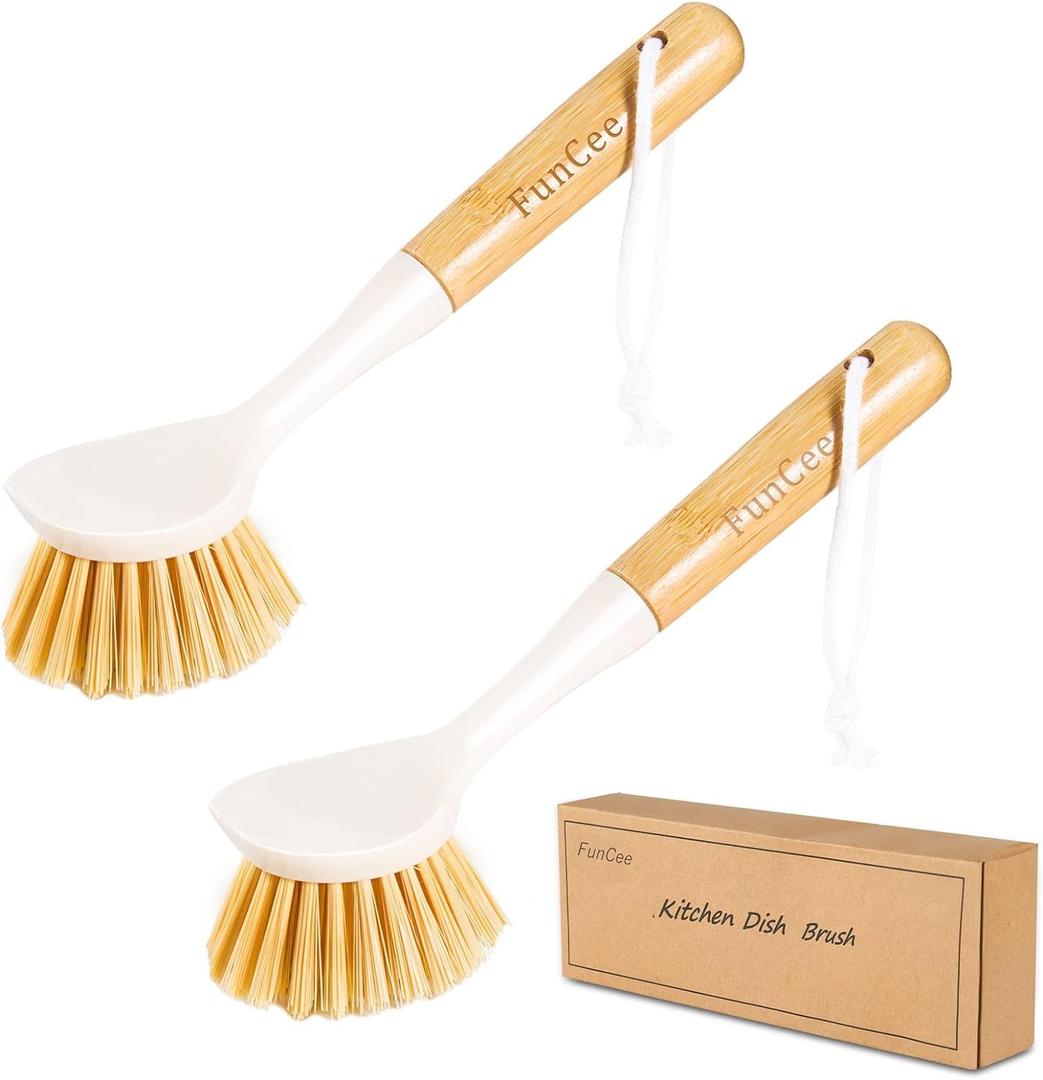 Pack of 2 Kitchen Dish Brushes with Bamboo Handle, Dish Scrubber Built-in Scraper, Scrub Brush for Pans, Pots, Counter & Kitchen Sink Cleaning, Dishwashing and Cleaning Brush Tools, White