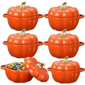 Yaomiao 6 Pcs Pumpkin Ceramic Bowl 15 oz Pumpkin Soup Bowl Pumpkin Shape Storage Jar with Lid and Handles for Home Halloween Party Kitchen Tableware(Orange)