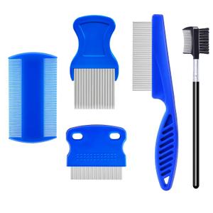 5 Pack Flea Lice Comb,Stainless Steel Dog Cat Grooming Combs With Rounded Teeth,Double-Sided Tear Stain Remover,Dematting Comb For Dogs Cats Ideal For All Types Of Small, Medium, Large Pets (Blue)