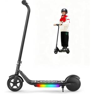 Electric Scooter for Kids, 150W Motor, Simple One-Button Control, 2 Safe Speeds (6/10 MPH), Colorful Lights, Magnetic Charging, Dual Brake System, Ideal Presents for Boys & Girls, Black 