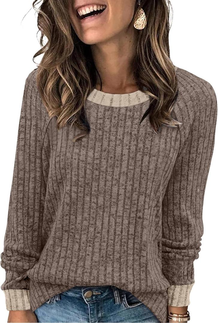 WIHOLL Long Sleeve Shirts for Women Lightweight Sweaters Fall Outfits 2026 Color Block Winter Clothing Dressy Casual Soft (Medium, 01-khaki)