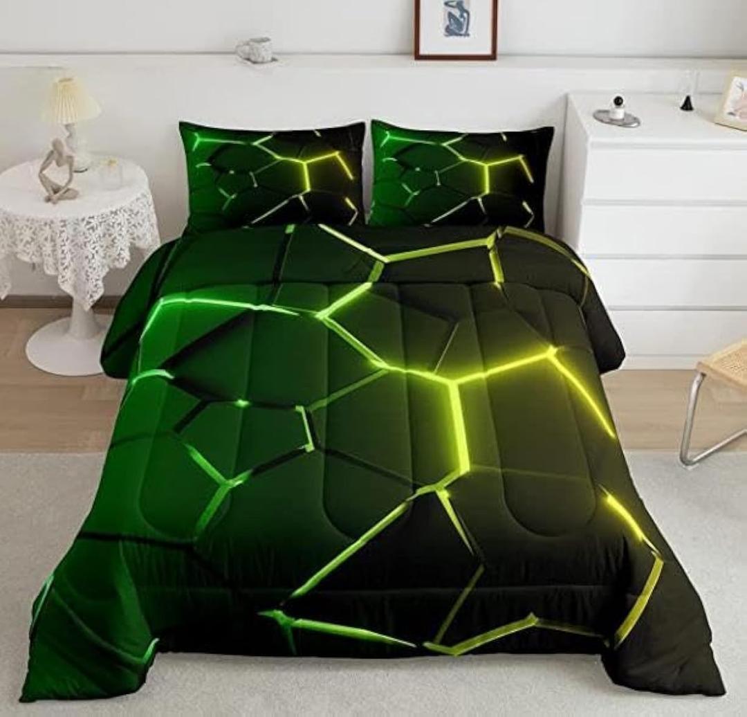 Wowelife Geometry Queen Comforter Sets, Hexagon Bedding Set Queen Size Green Yellow, Premium 5-Piece Black Neon Lights Comforter Set, and Soft for Teen Girls, Boys and Adults
