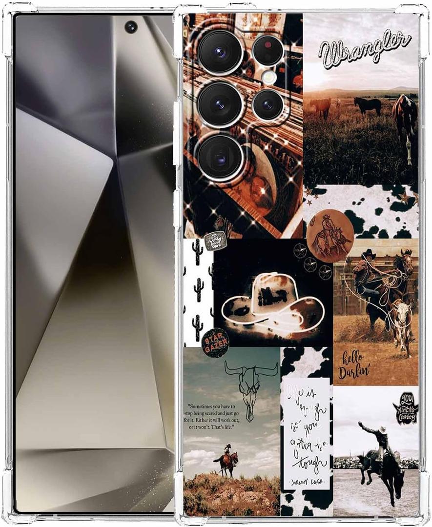 Vintage Cowboy Aesthetic Wild West Life Collage,Trendy Cool Soft TPU Bumper Case for Galaxy S24 Ultra