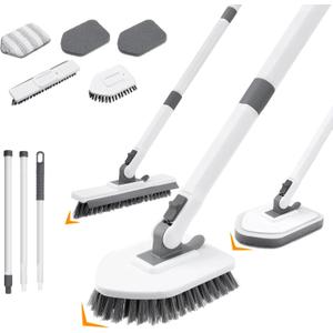 4 in 1 Shower Scrubber Cleaning Brush, Tub and Tile Scrubber with Long Handle, Grout Brush Stiff Bristles Scrub Sponge Brushes Microfiber Pad, for Toilet Bathroom Kitchen Wall Floor Glass Bathtub Sink