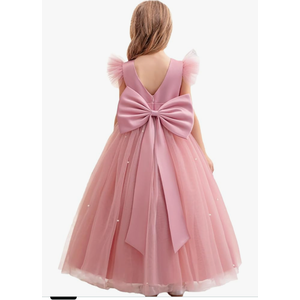 Flower Girl Dress V-Back Ruffle Sleeve Satin Tulle Wedding Guest Party Birthday Dresses Kids Pageant Communion Gown