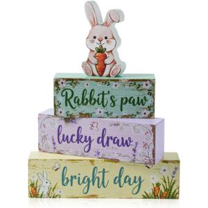 Spring Easter Dec Bunny Wooden Tabletop Decor with Rabbit’s Paw/Luck Draw/Bright Day Signs, Spring Farmhouse Spring Table Decorations for Home Indoor, Green Purple Beige Wood Blocks Set of 4