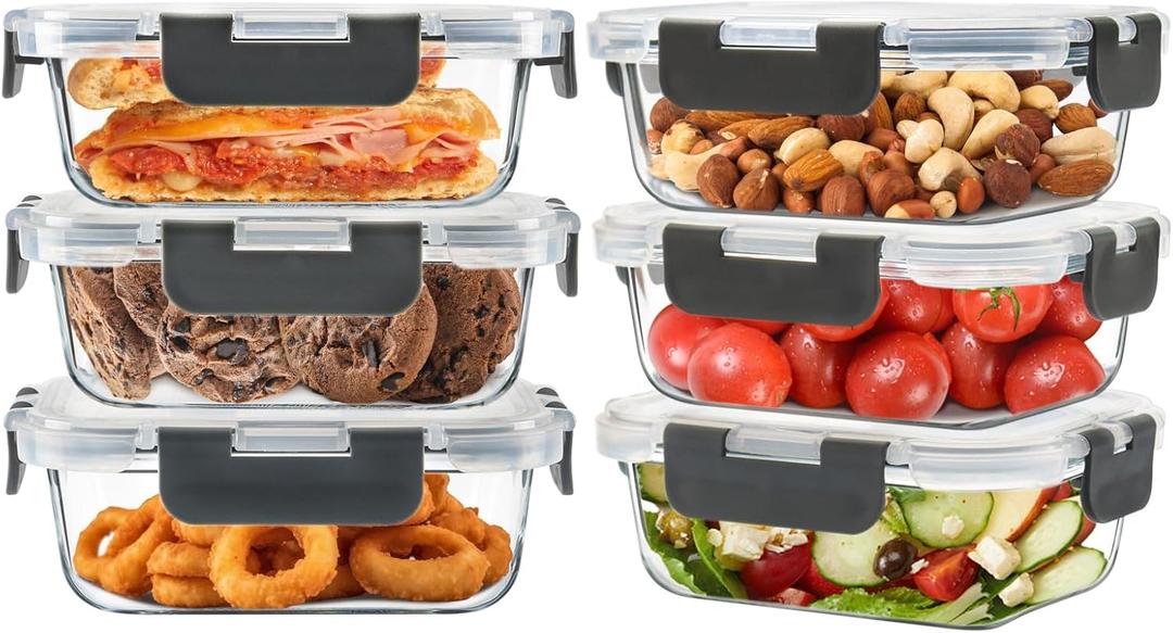 SOACOAKO 6pack 12oz Small Glass Meal Prep Containers, Glass Food Storage Containers with Snap Leak Proof Lids, Microwave, Freezer and Dishwasher Safe (Grey, 12oz)