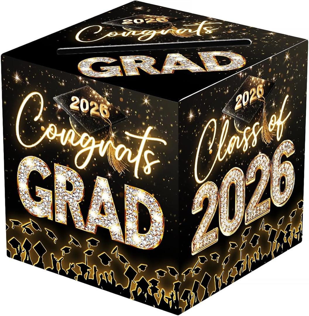 Glitter Black and Gold Graduation Card Box for Class of 2026, Congrats Grad Card Box for Graduation Party Supplies Party Favors