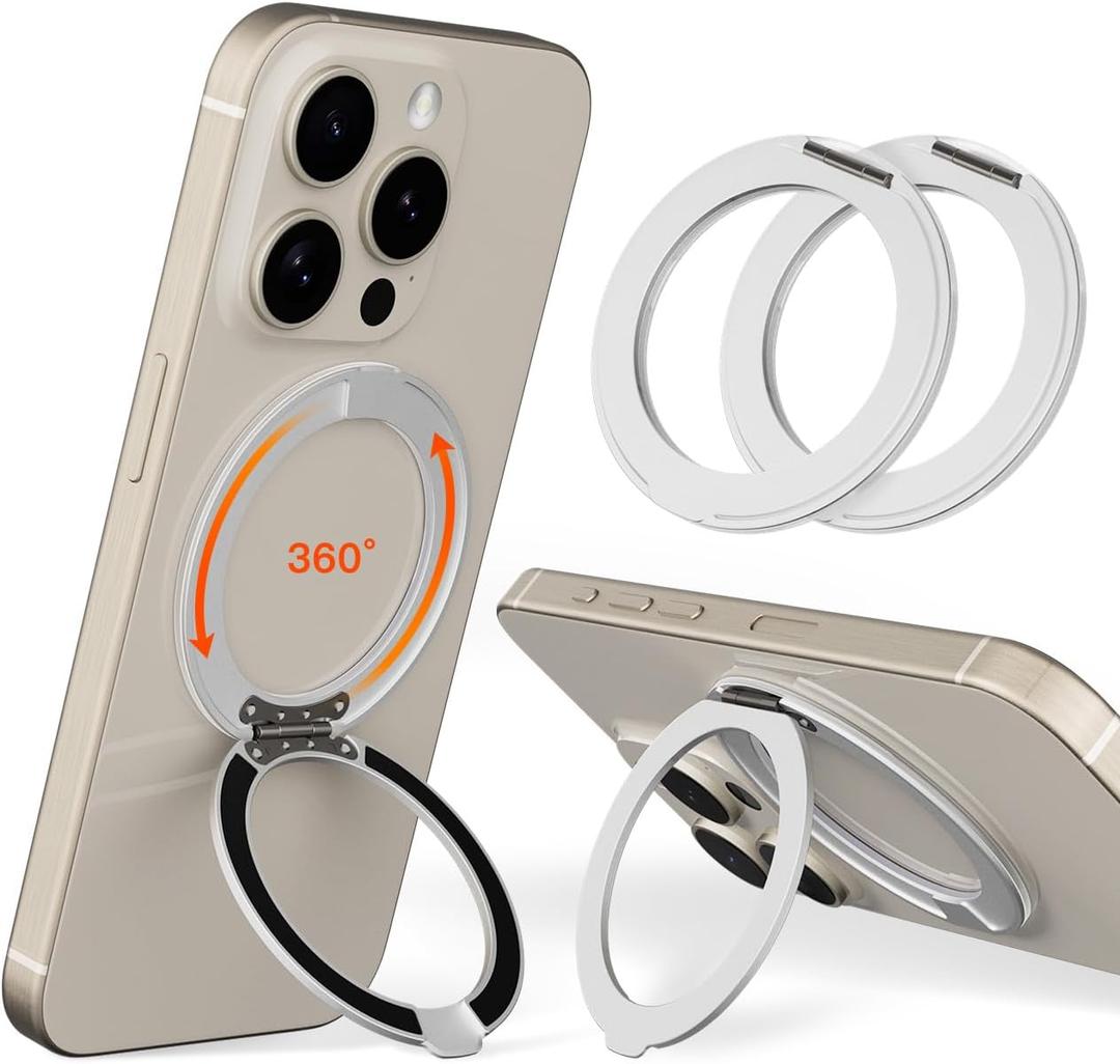 COOLQO 2Pcs 360 Spin Cell Grip Ring Phone Stand [Upgrade Gear Hinge Stress Anxiety Relief] Magnetic Holders for Your car Accessories Desk Mount Compatible with iPhone All Smartphones, Silver