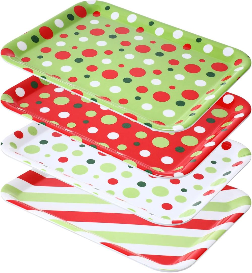 4 Pcs Christmas Serving Tray 13 x 10 Inch Reusable Serving Platter Plates Xmas Dessert Platter Dishes Christmas Party Decorations for Food Snacks Cookies Supplies(Polka Dots)