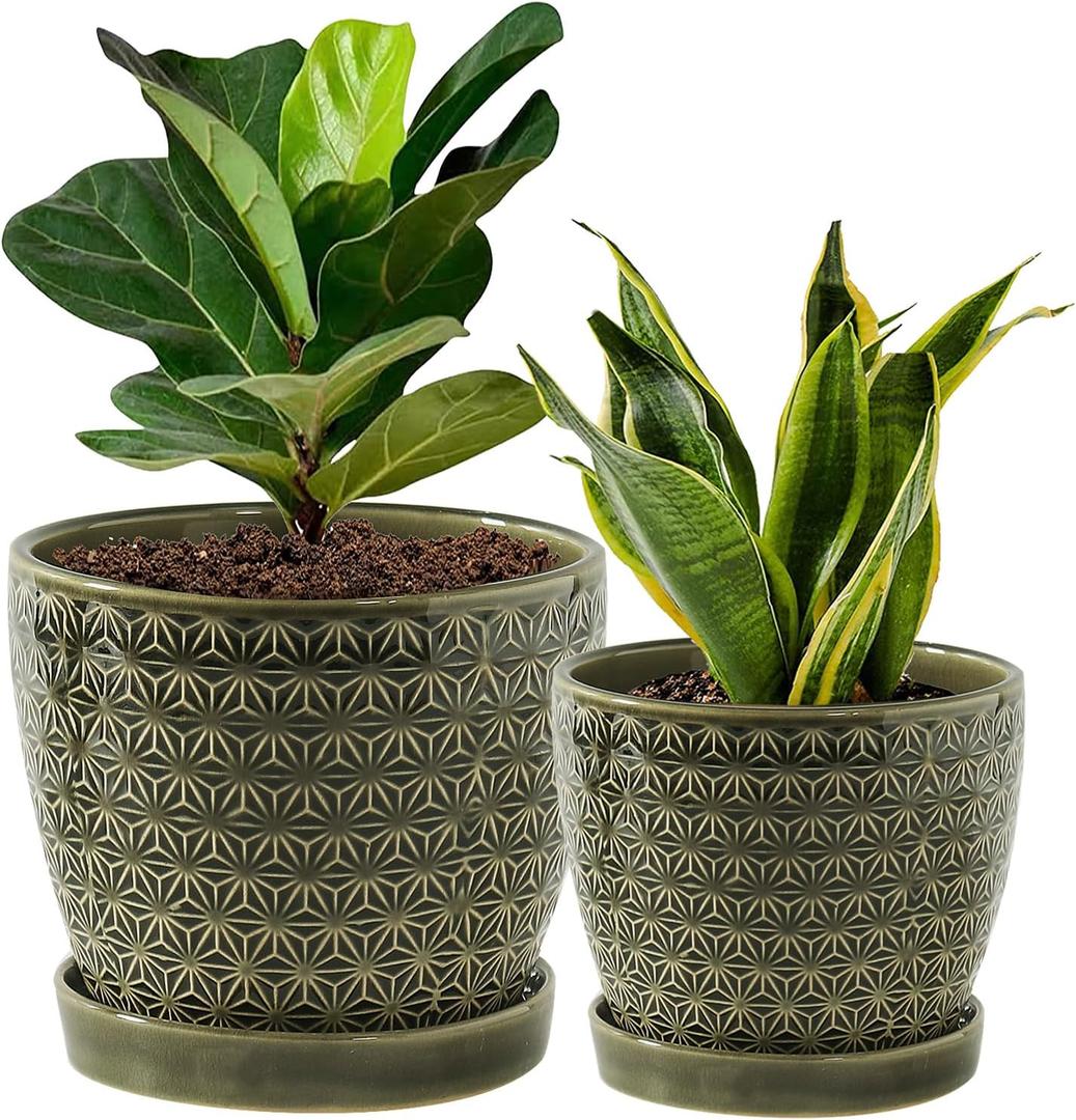 Plant Pots, Flower Pots, Planters for Indoor Plants (6.5 + 5.5inch), Flower Pots for Indoor Plant with Drainage Hole and Saucer, Ceramic Pots for Plants with Hole Mesh Pad, Reactive Glaze Green