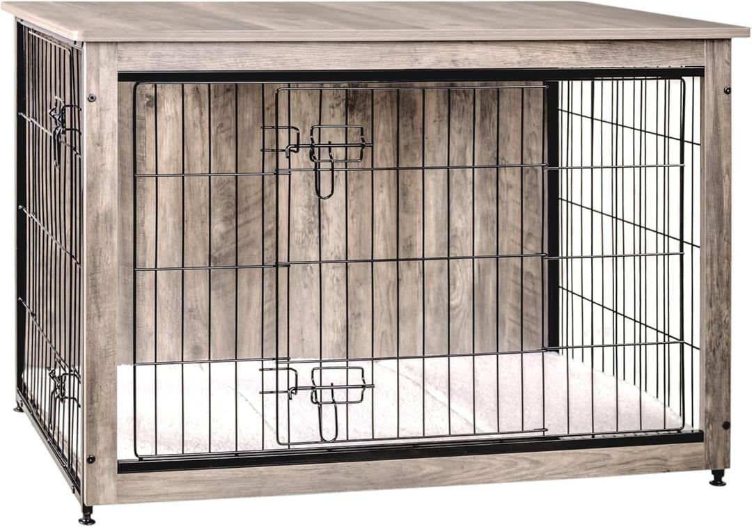DWANTON Dog Crate Furniture with Cushion, Wooden Kennel Table with Double Doors, Indoor Dog House, Large Size, Greige, 38.5"L x 25.6"W x 26.8"H 