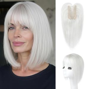 HOOJIH Hair Topper for Women with Thinning Hair 4x2.5inch Base Real Human Hair Topper with Bangs Handmade Invisiable Lace Front Topper - Silver White