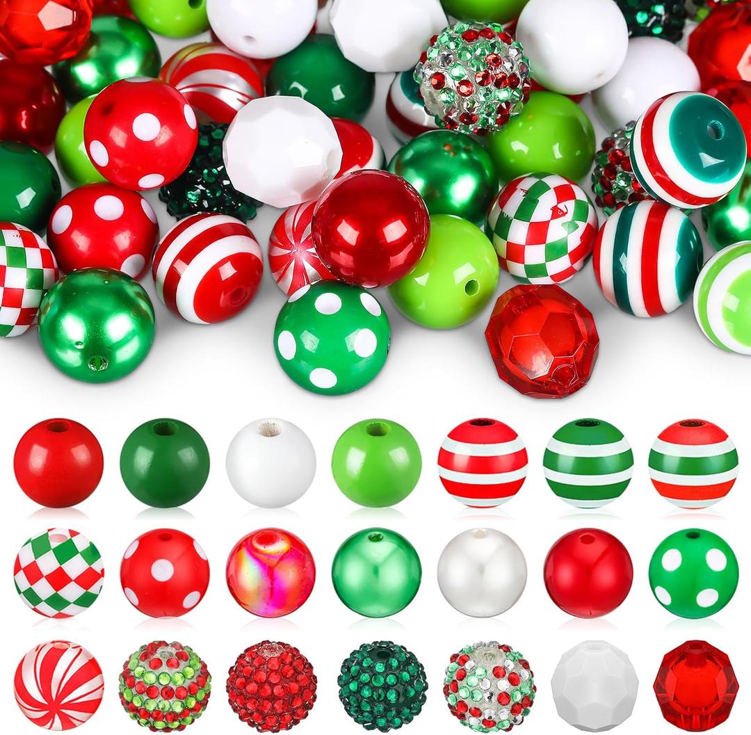 Poen 100 Pcs 20 mm Christmas Rhinestone Bubblegum Beads for Pens Bulk Crystal Resin Acrylic Plastic Spacer Chunky Beads for Christmas DIY Craft Keychain Necklace Bracelet Jewelry Making Holiday Decor (Fresh Color)