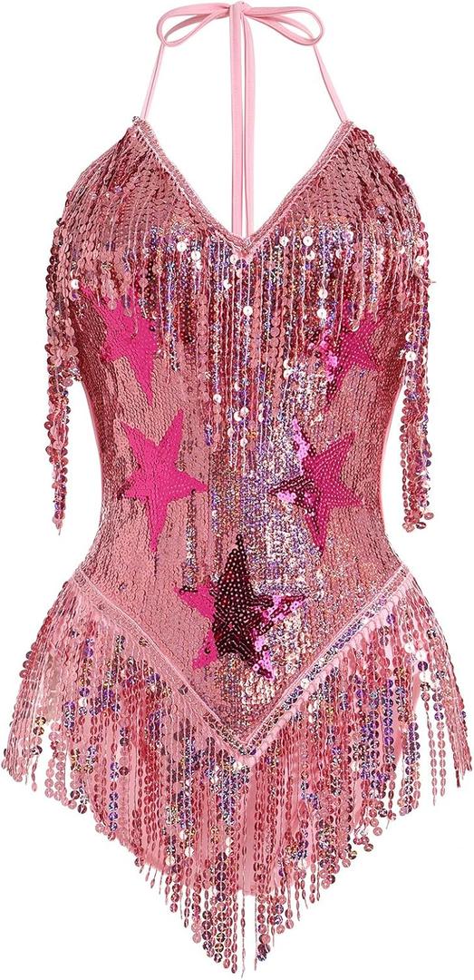 IMEKIS Women Sparkle Stars Fringes Bodysuit Concert Rave Outfit Shiny Music Festivals Halloween Cosplay Alien Costumes (Small, Pink)