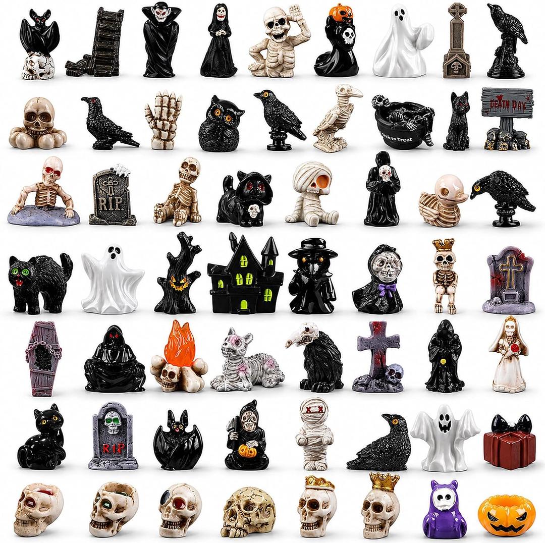 DIYDEC 60pcs Halloween Resin Miniatures Mini Resin Ghost Skull Figures to Hide Toys Tiny Little Small Figurines Bulk for Halloween Craft Party Favors Bag Fillers Garden Dollhouse Decor